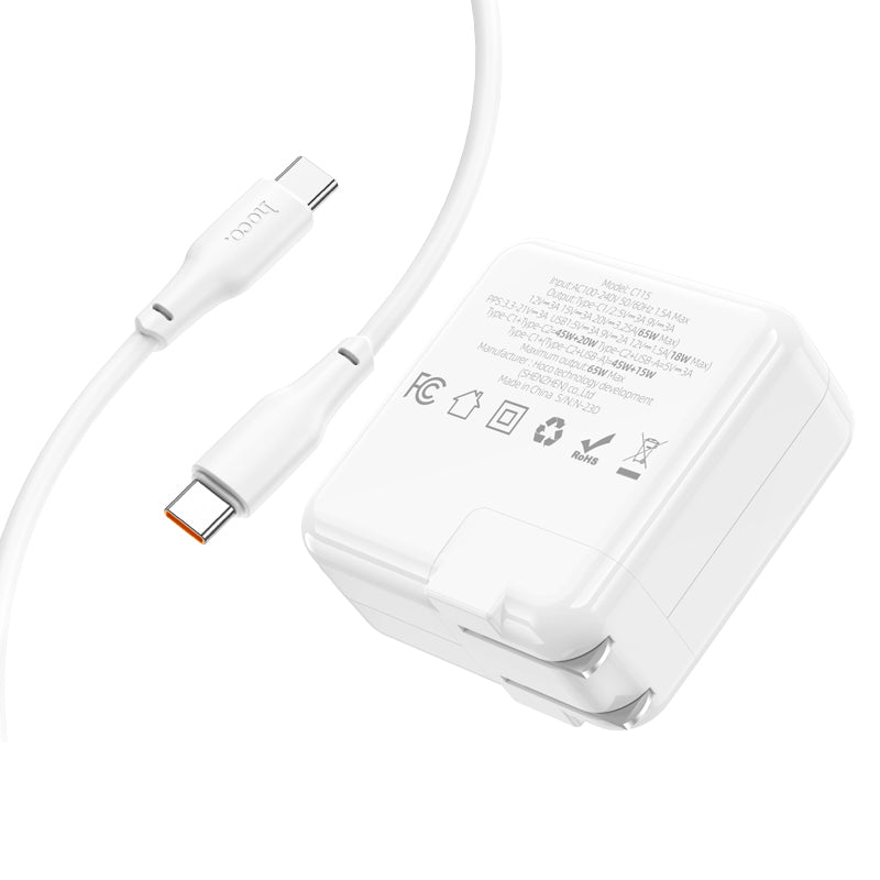 High Power GaN 65W Three Port 2x USB-C / 1x USB-A PD Fast Charger with USB-C to USB-C Cable (1 m) - SKmobile Canada