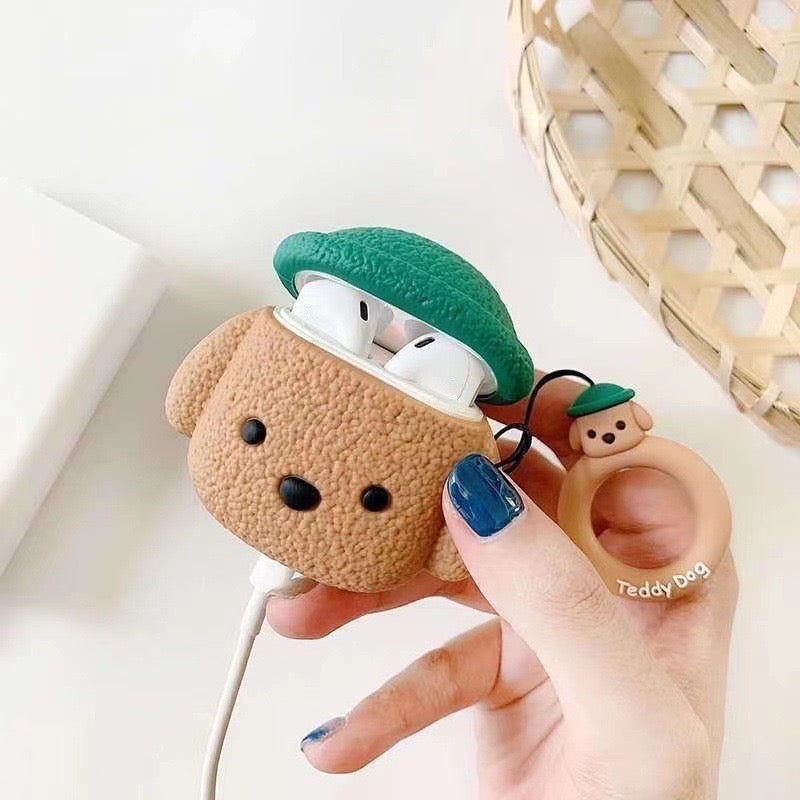 Green Hat Teddy Dog AirPods Case