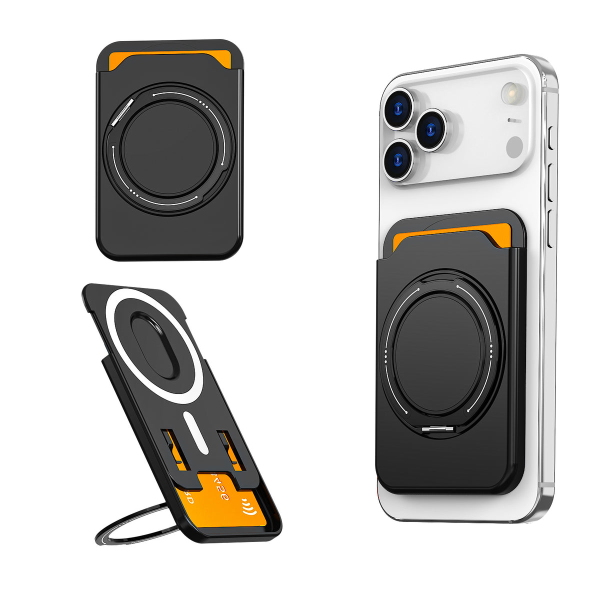 Magnetic Phone Wallet Card Holder with Built-In 360-Degree Ring Stand