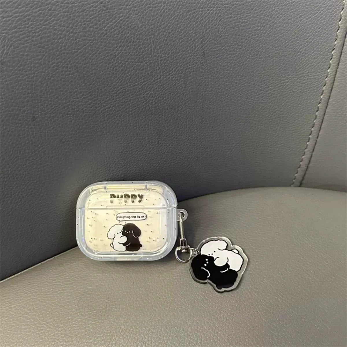 White Black Hugging Puppy AirPods Case