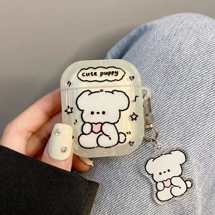 Pink Heart White Puppy AirPods Case