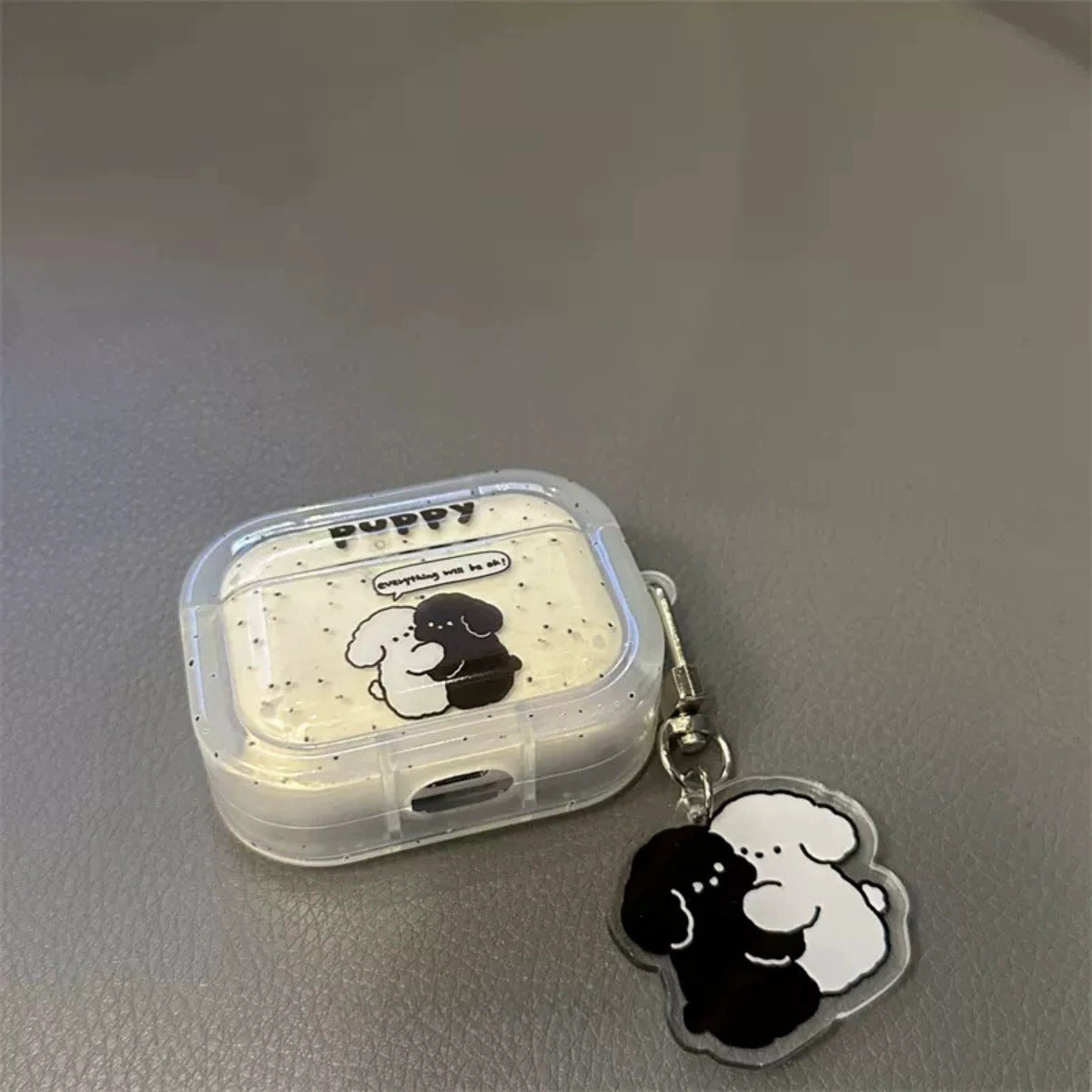 White Black Hugging Puppy AirPods Case