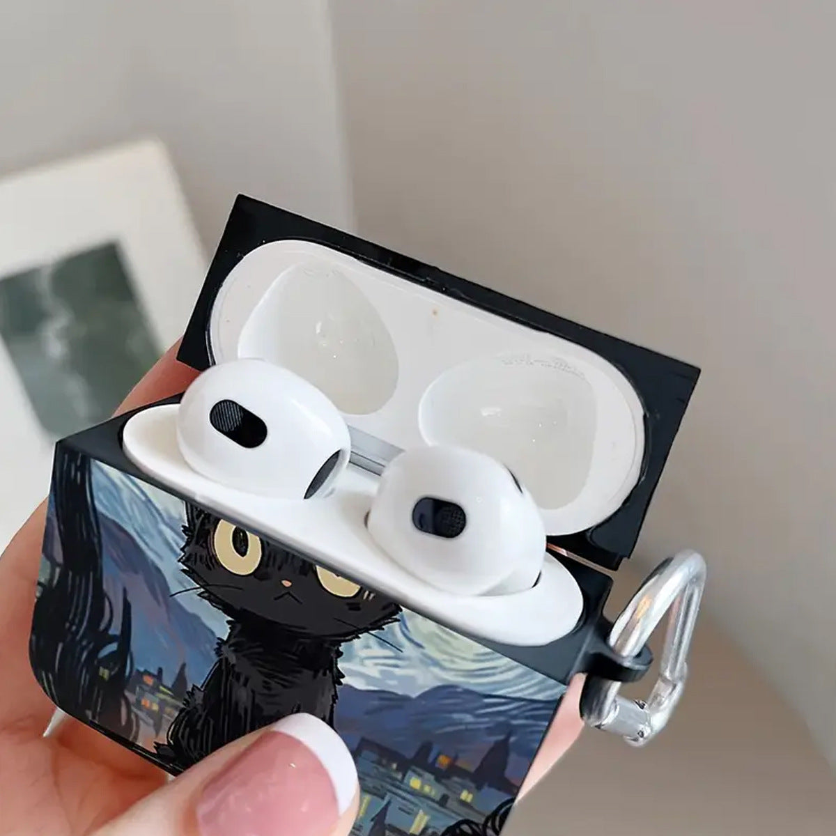 Black Cat Night Painting AirPods Case