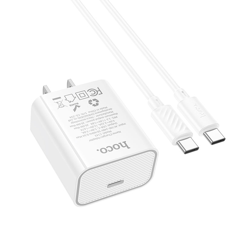 20W USB-C Fast Charger Wall Adapter Set with USB-C to USB-C Cable (1m)
