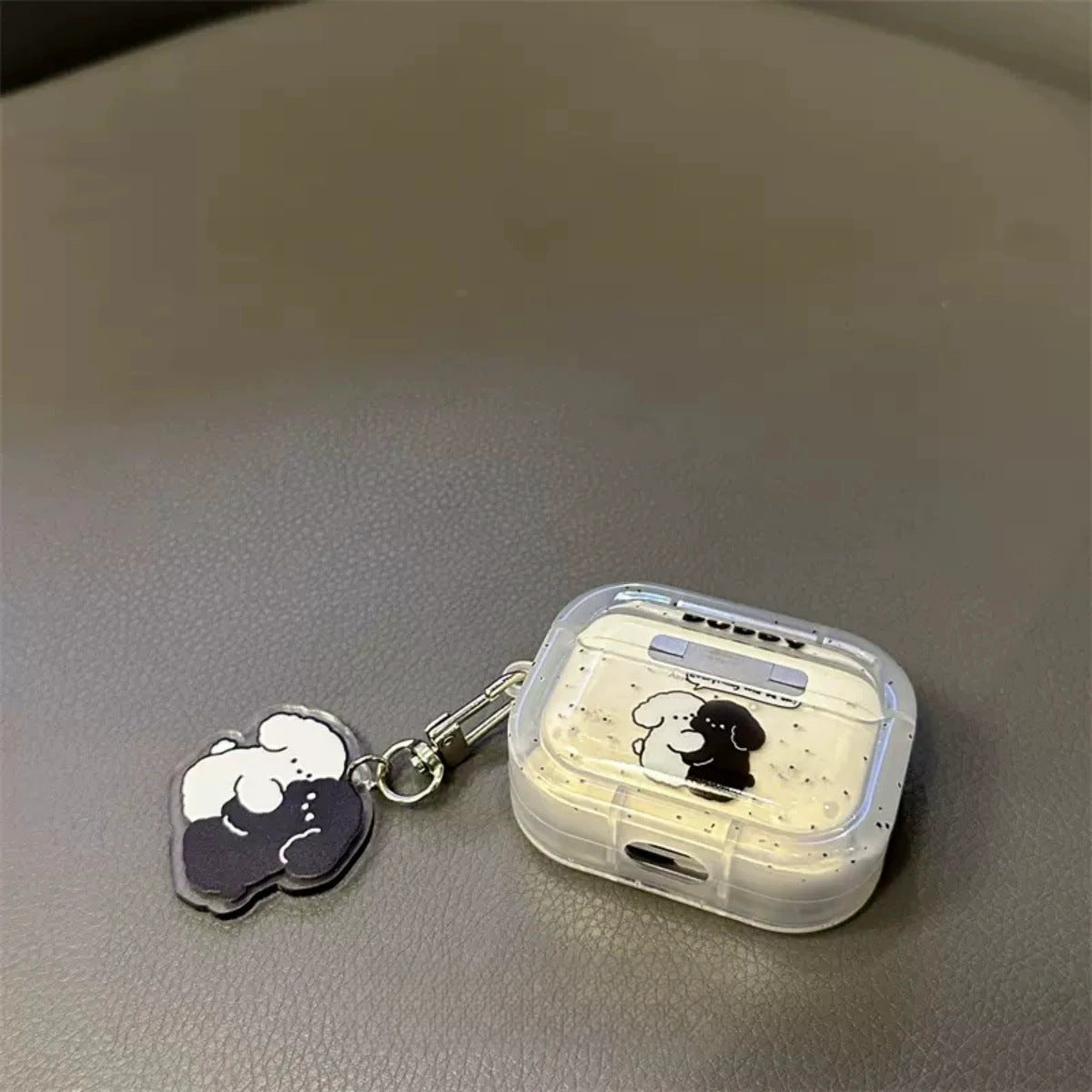 White Black Hugging Puppy AirPods Case