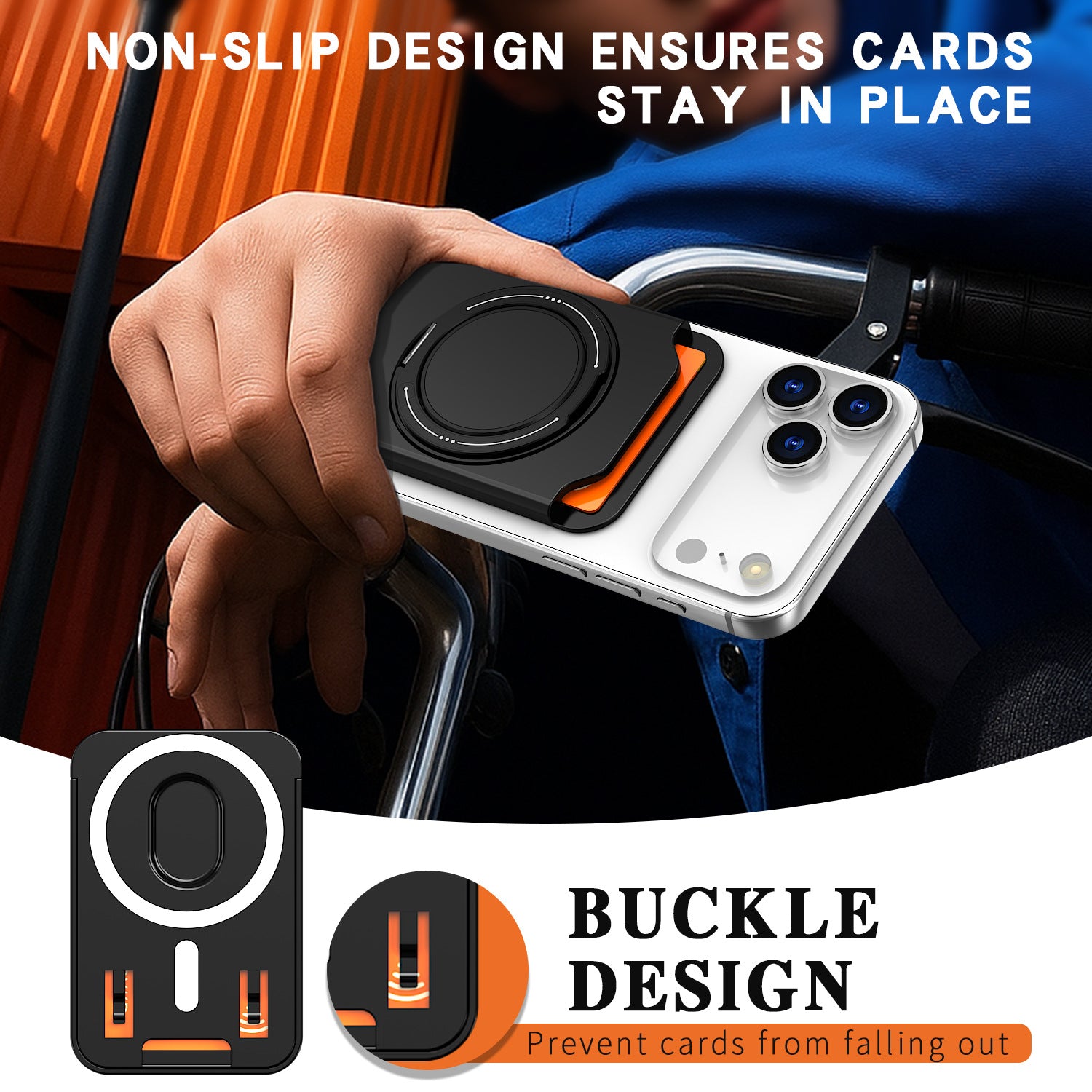 Magnetic Phone Wallet Card Holder with Built-In 360-Degree Ring Stand