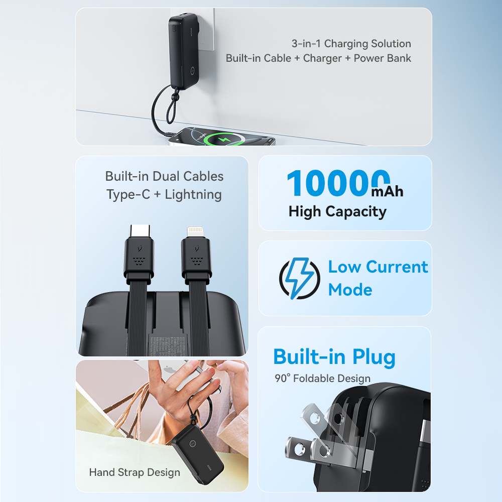 Y30 US/UK/EU Wall Charger Power Bank 22.5W With Built-in Cable (10000mAh)
