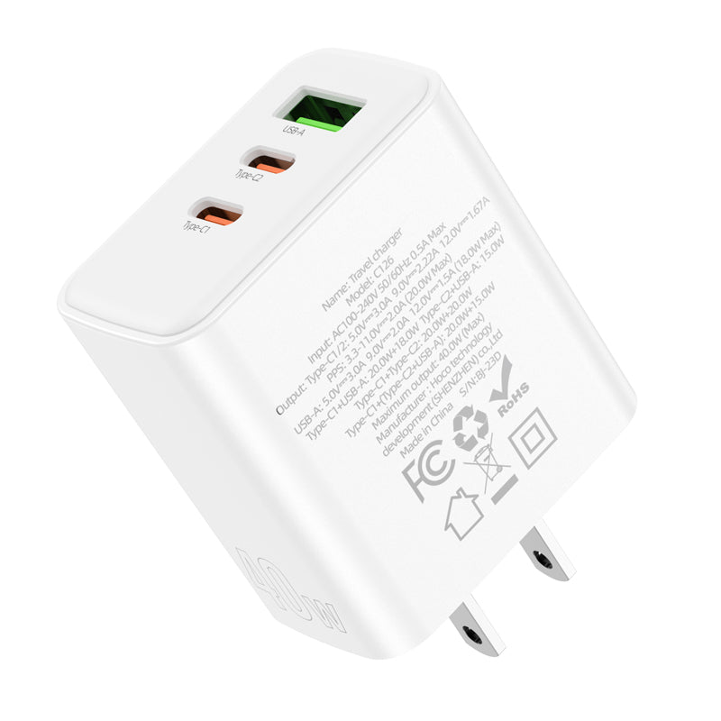 High Power 40W Three Port 2x USB-C / 1x USB-A PD Fast Charger