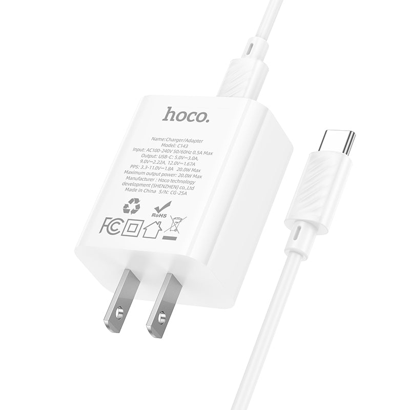20W USB-C Fast Charger Wall Adapter Set with USB-C to USB-C Cable (1m)