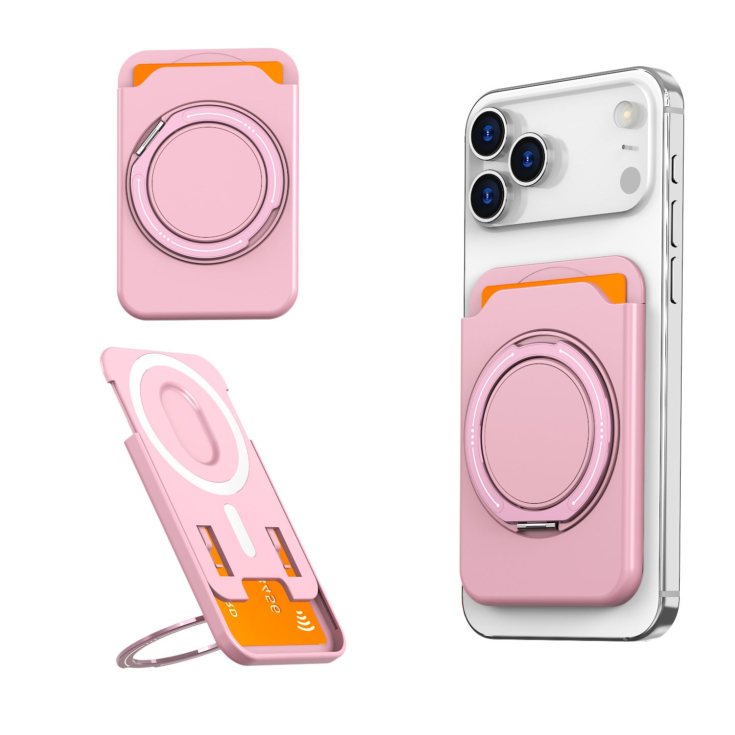 Magnetic Phone Wallet Card Holder with Built-In 360-Degree Ring Stand