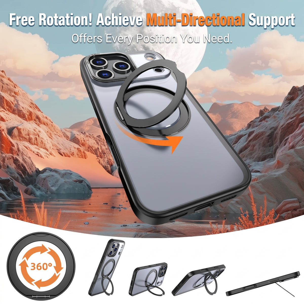 Magnetic Frosted Finish Phone Case with 360° Rotatable Ring Stand for iPhone