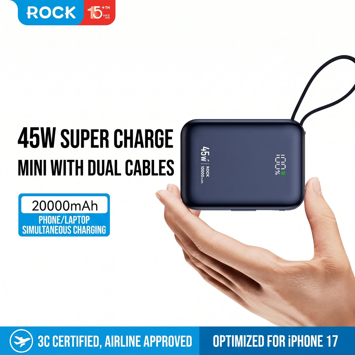 3C Certified 45W Mini Fast Charging Power Bank with Built-in Cable (10000/20000mAh)