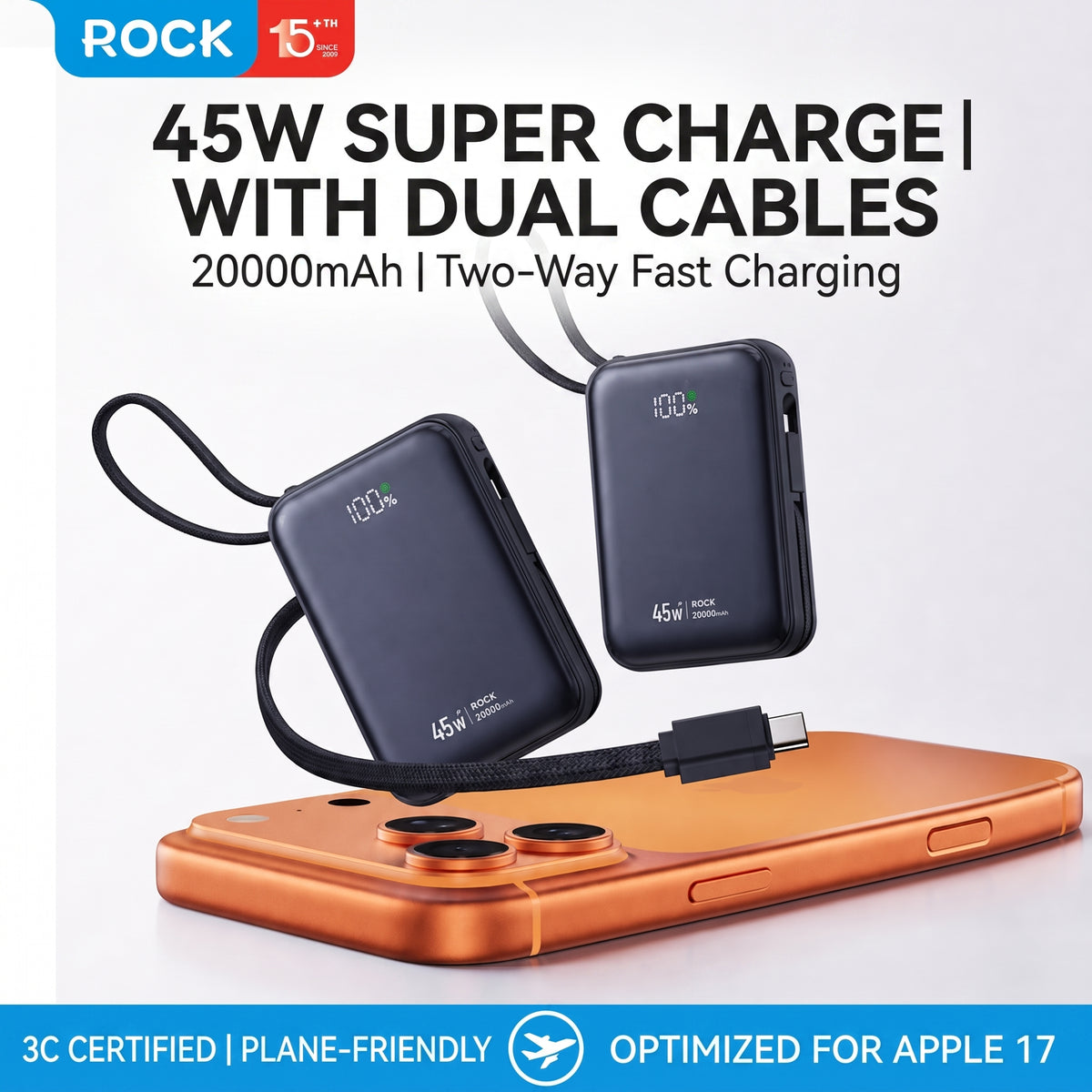 3C Certified 45W Mini Fast Charging Power Bank with Built-in Cable (10000/20000mAh)