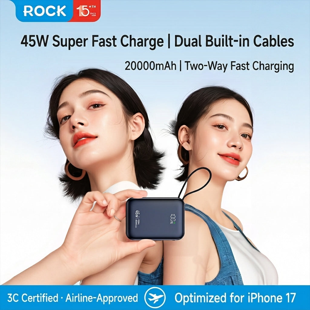3C Certified 45W Mini Fast Charging Power Bank with Built-in Cable (10000/20000mAh)