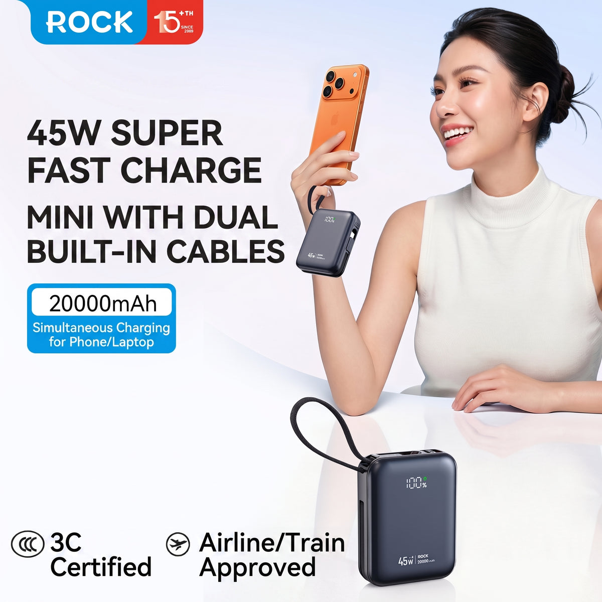 3C Certified 45W Mini Fast Charging Power Bank with Built-in Cable (10000/20000mAh)