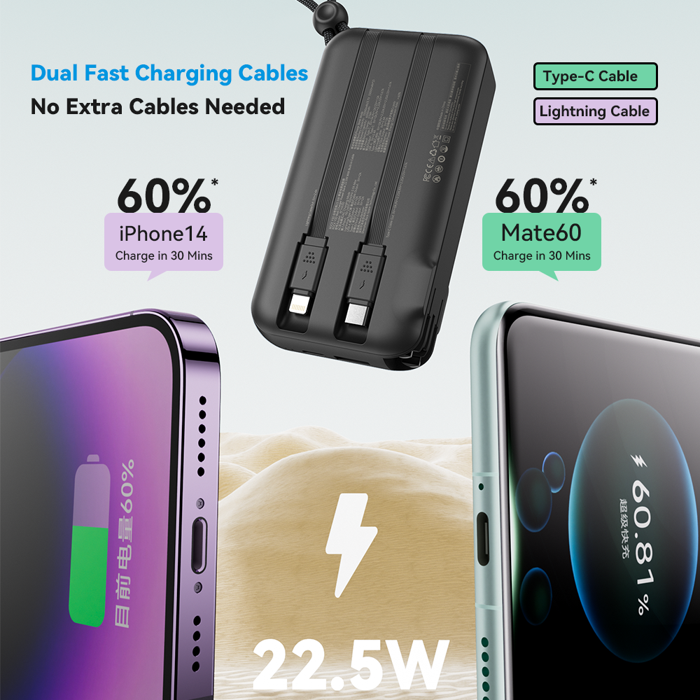 Y30 US/UK/EU Wall Charger Power Bank 22.5W With Built-in Cable (10000mAh)