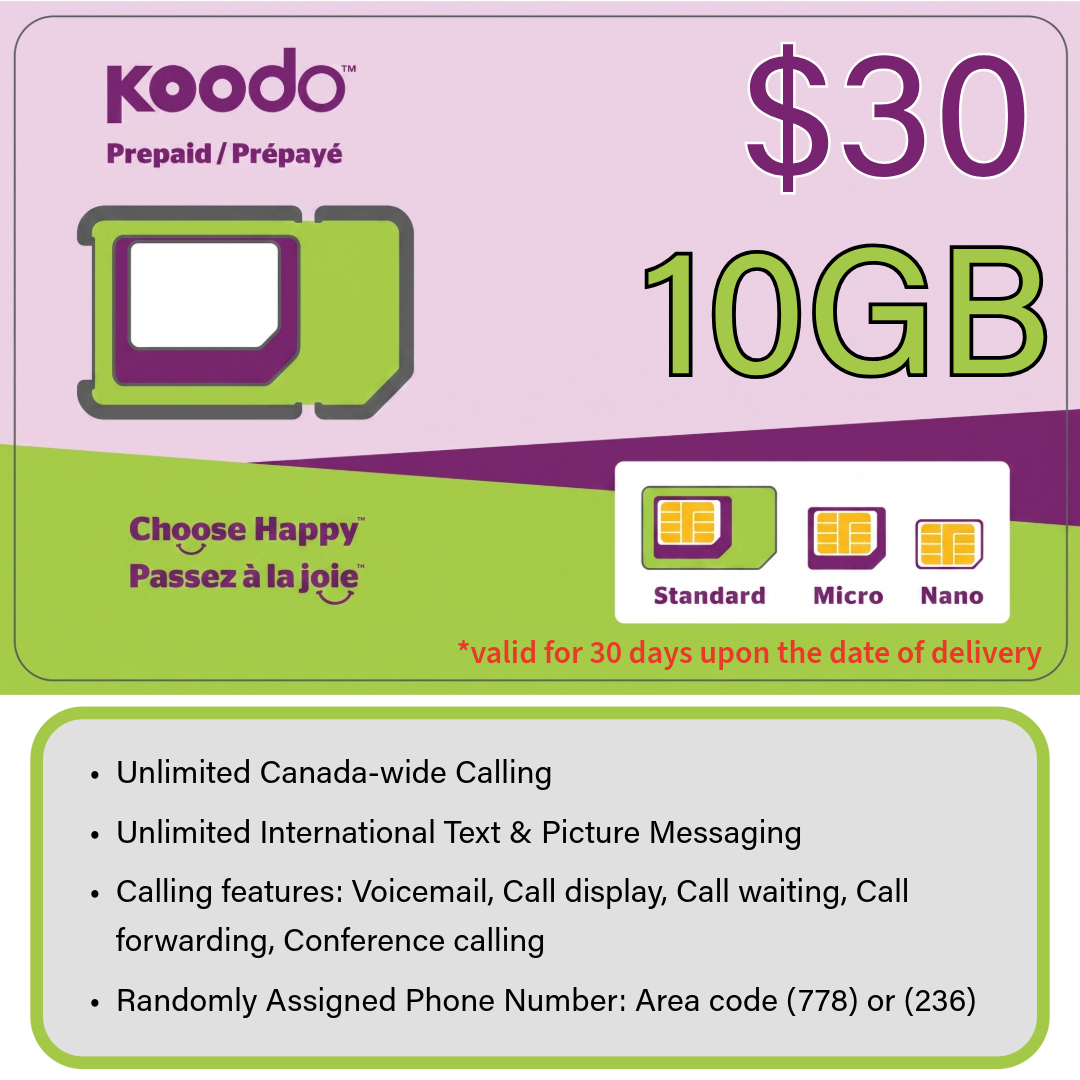 Koodo Prepaid Sim Card ($30 for 10GB) VALID FOR 30 DAYS