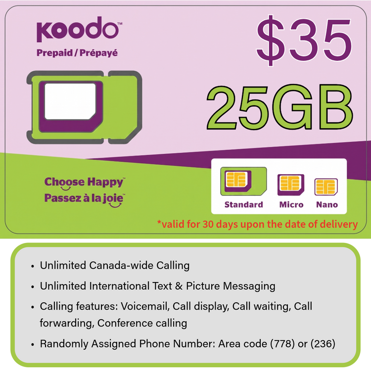 Koodo Prepaid Sim Card ($35 for 25GB) VALID FOR 30 DAYS