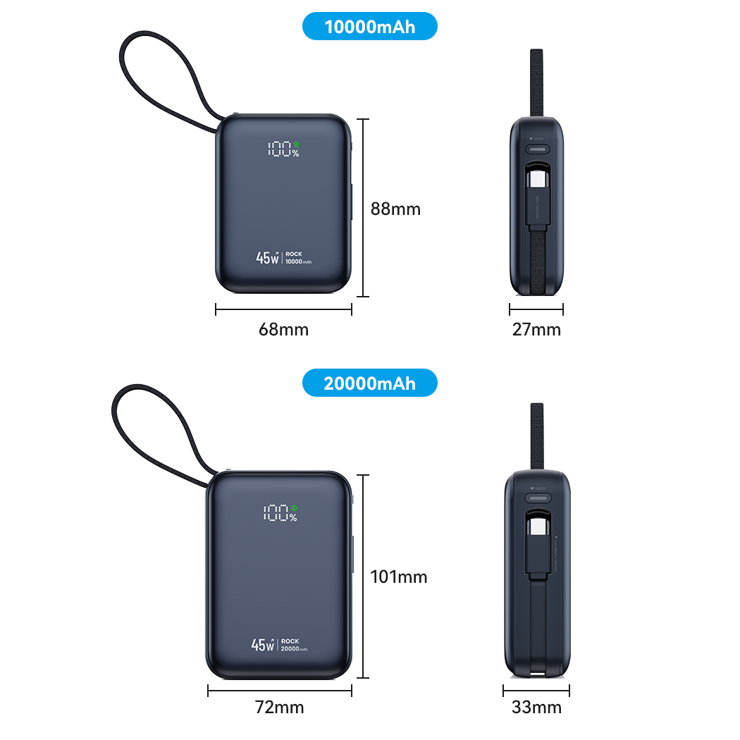 3C Certified 45W Mini Fast Charging Power Bank with Built-in Cable (10000/20000mAh)