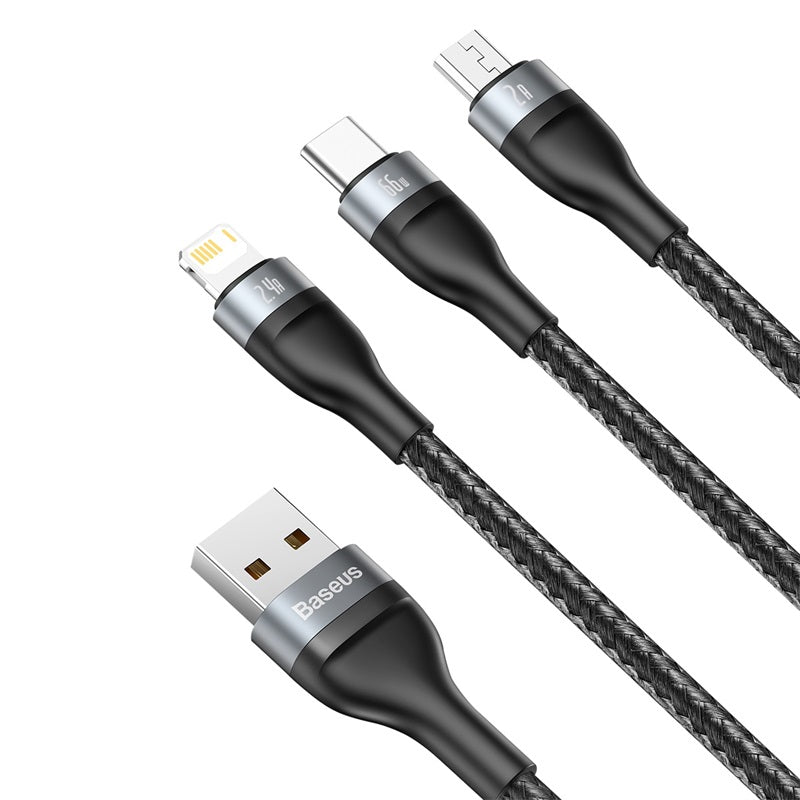 Flash Series 3 in 1 Fast Charging Data Cable USB to USB-C + Lightning + Micro-USB (1.2m)